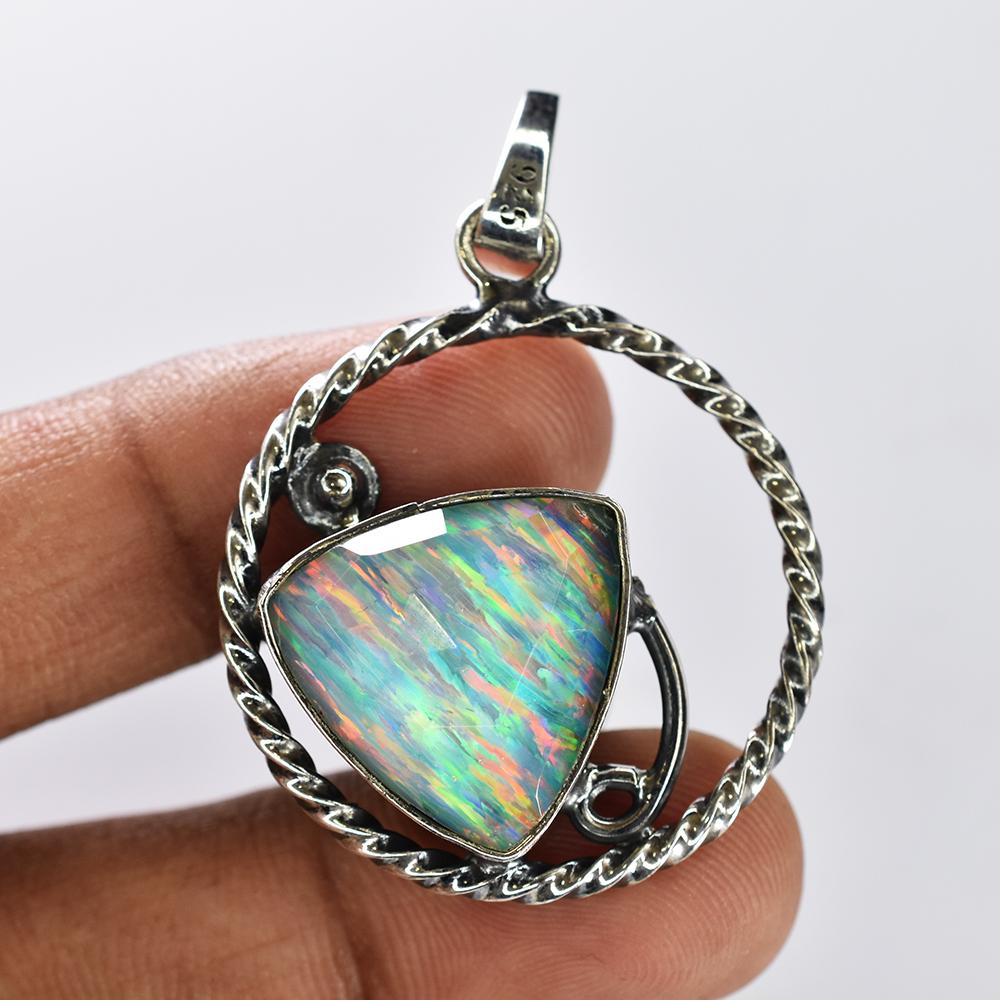 925 Sterling Silver CERTIFIED Natural Opal Trillion 30 Ct Gemstone Pendant