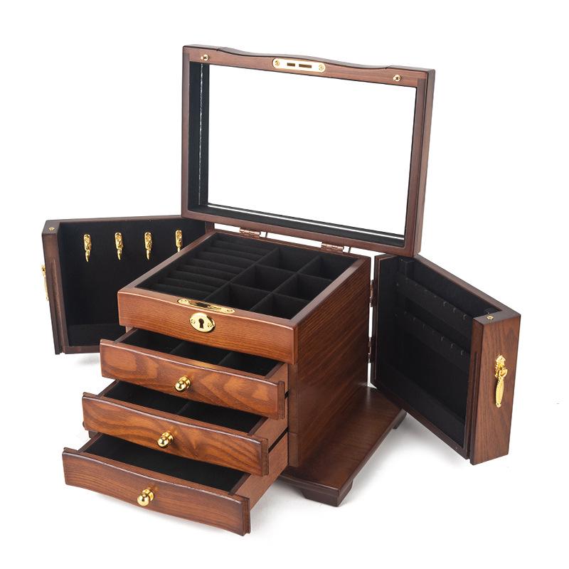 Mid-Century Solid Wood Jewelry Box with Lock: Multi-Layer Storage and Velvet Interior