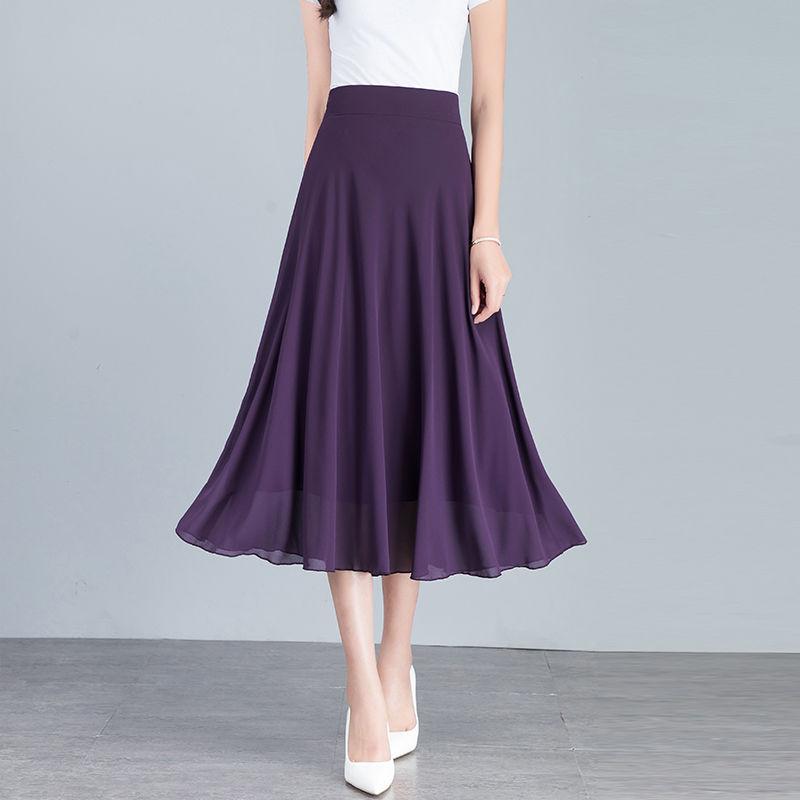 Sommer Neuer Einfarbiger Hellbrauner Chiffonrock Mittellang A-Linie Großer Schwung Damenrock Knielanger Rock