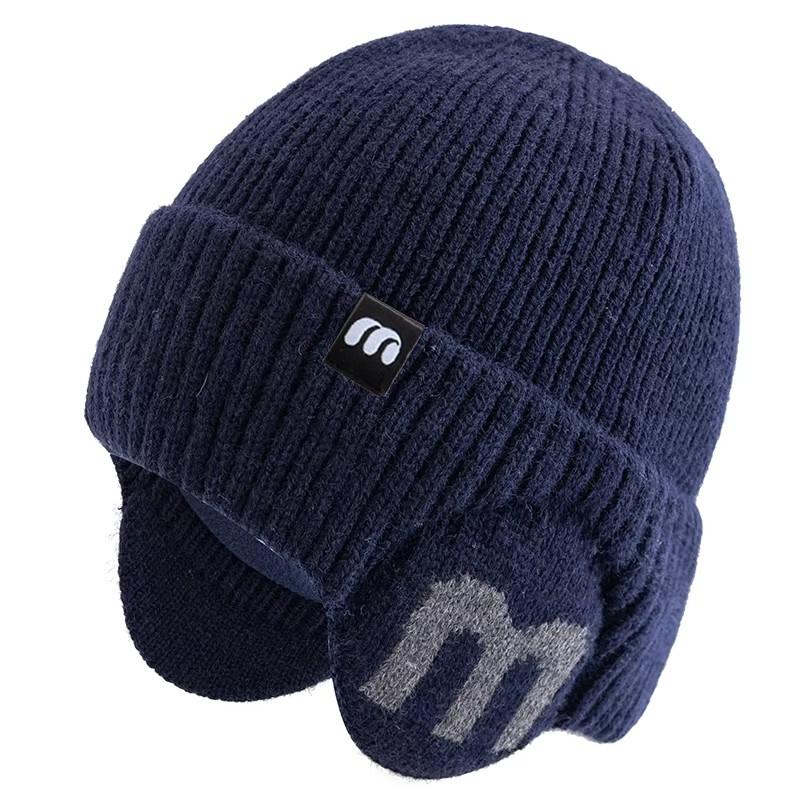 

Новая зимняя шапка унисекс, модная шапка с буквой М для мужчин и женщин, теплая вязаная лыжная шапка, спортивная шапка-ушанка 55cm-60cm темно-синий