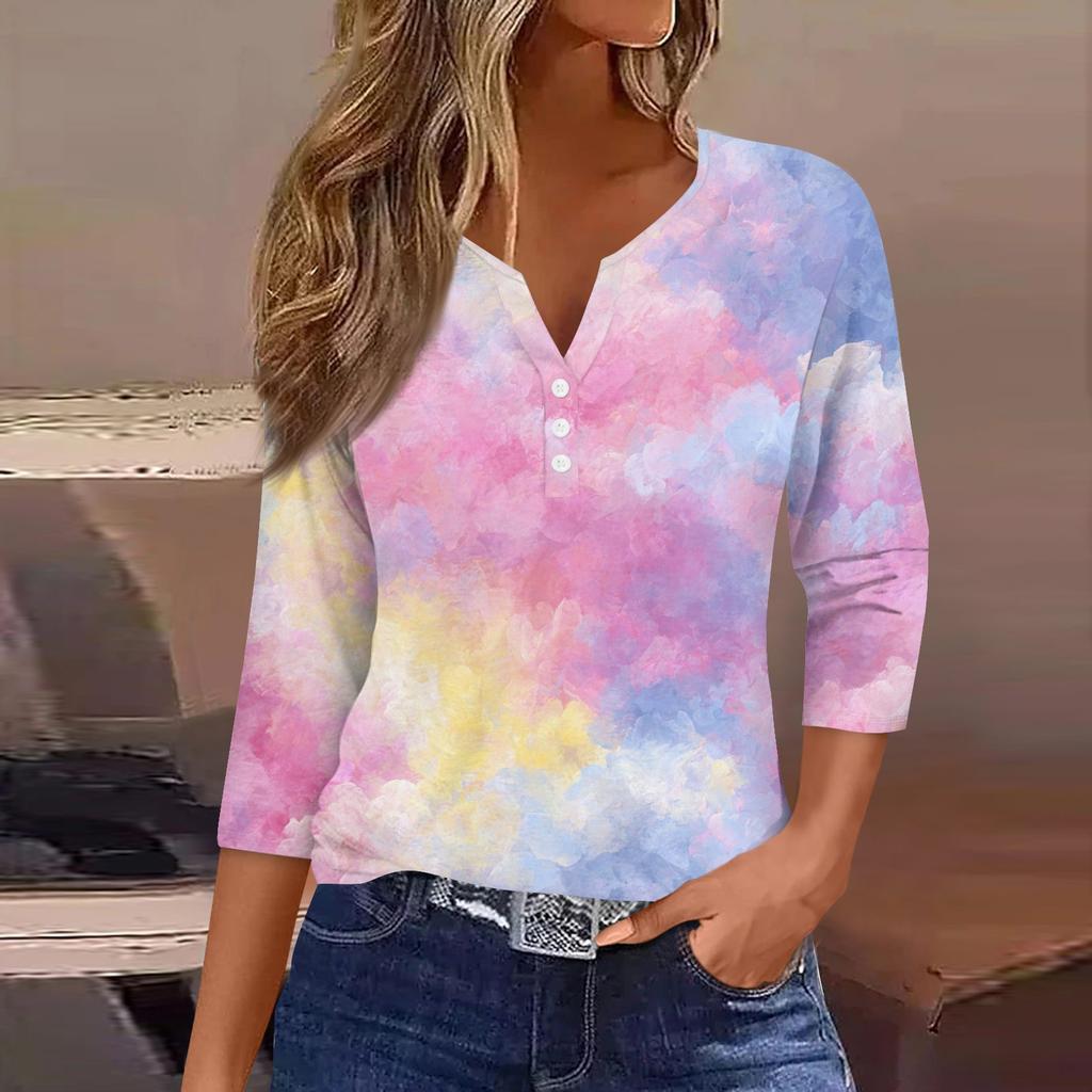 Women's T Shirt Tee Print Button 3/4 Sleeve Daily Weekend Fashion Basic V- Neck Regular Top