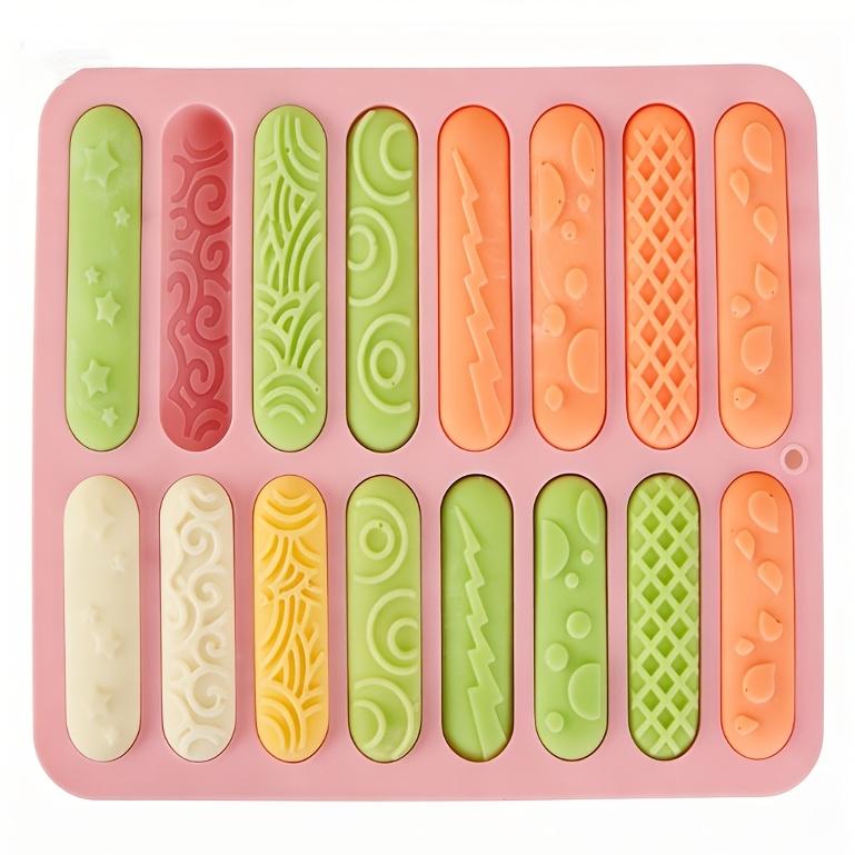 1pc 16-Hole Different Texture Long Strip Bar Molds, Silicone Chocolate Cookie Molds, Long Strip Candy Baking Molds