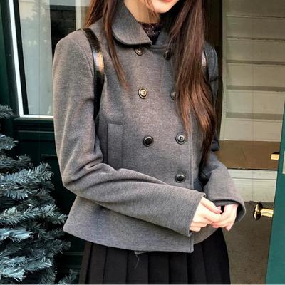Damen Kurzer Schwarzer Wollmischmantel Stehkragen Schmal Geschnitten Winter Warme Oberbekleidung