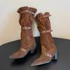 Fashion Vintage Pleated Belt Buckle Faux Suede Women Knee High Boots Autumn Winter Fashion High Heels Western Cowboy Knight Boots Shoes