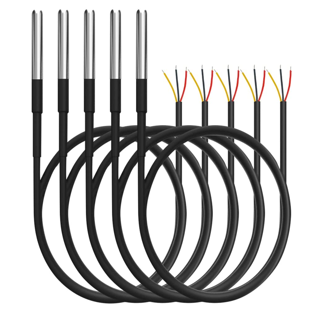 

5 шт. 5 м Цифровой термисторный датчик температуры DS18B20 Водонепроницаемый датчик температуры Кабель из нержавеющей стали с термическим сопротивлением -55°C до +125°C 1m