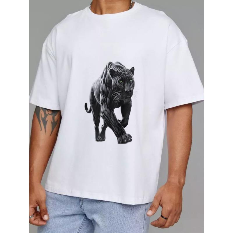 Crewneck T Shirt White Black Panther Graphic Print Casual Wear for Men