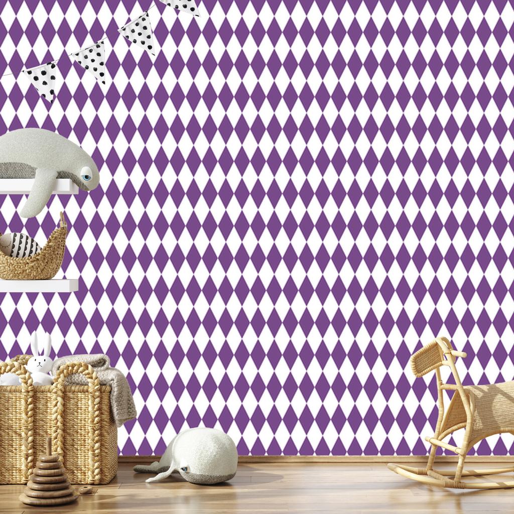 Harlequin Diamonds Wallpaper Purple, Light Gray and White 50x1000