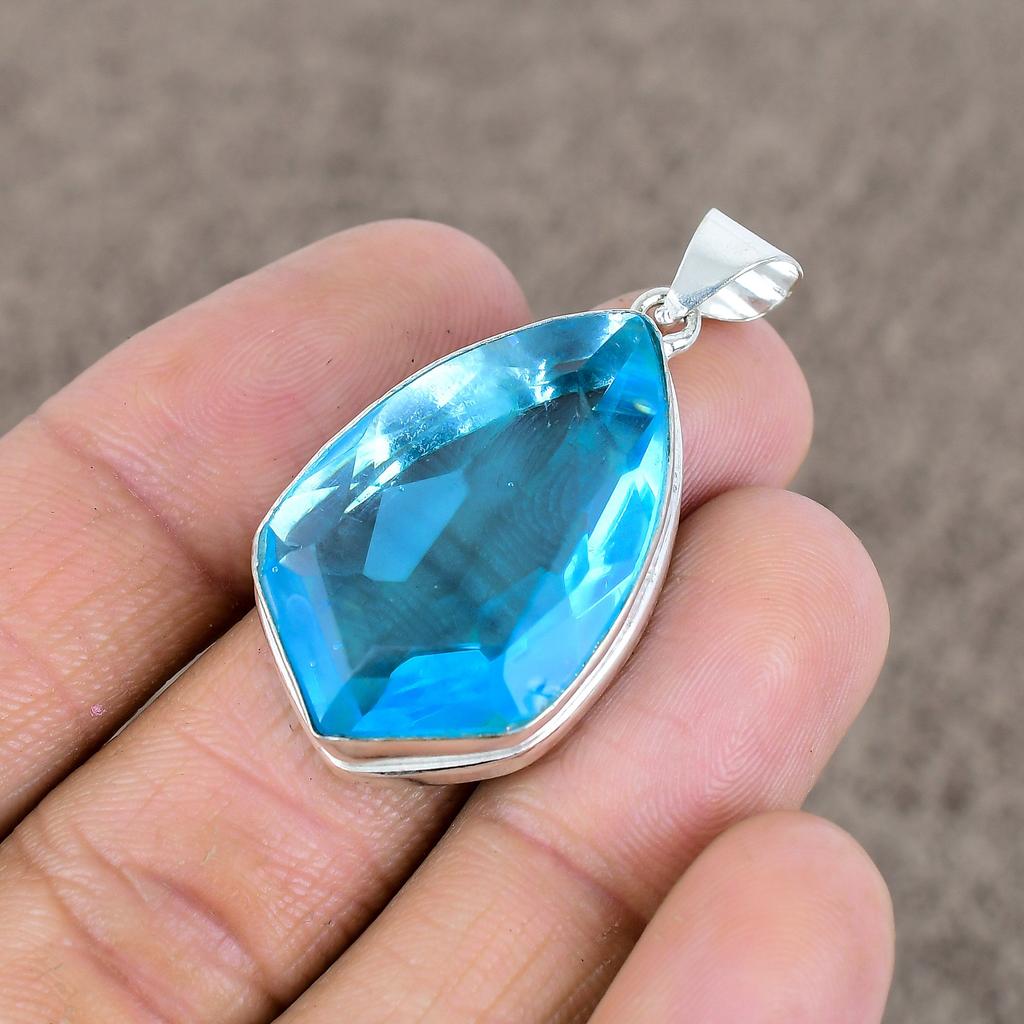 Blue Topaz Gemstone Handmade 925 Sterling Silver Jewelry Pendant 1.77" KKG-23