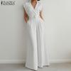 ZANZEA Womens Casual Turn Down Collar Loose Sleeveless Wide Leg Jumpsuits