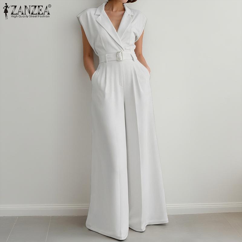ZANZEA Womens Casual Turn Down Collar Loose Sleeveless Wide Leg Jumpsuits