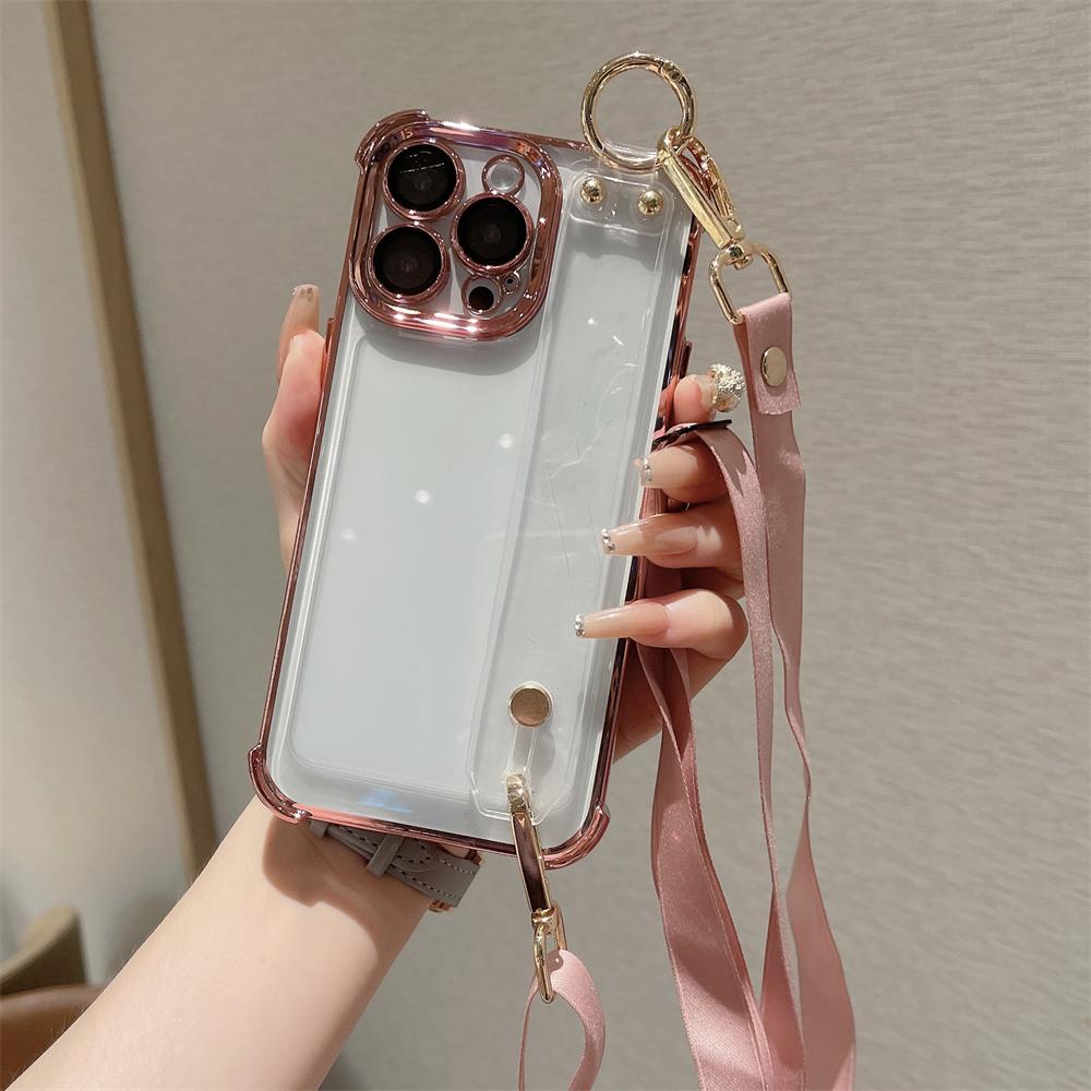 Luxury Plating Wristband Crossbody Lanyard Clear Hard Case For iPhone 16 15 14 Pro Max 13 12 11 XS X XR Transparent Soft Cover