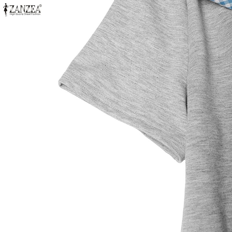 ZANZEA Women Casual Plaid Splice Round Neck Summer Short Sleeve Dress