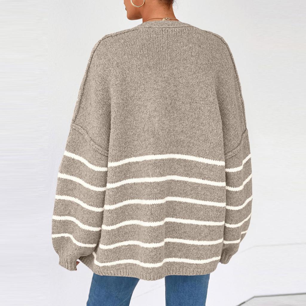Women's Fashion Stripe Coats Long Sleeved Knitted Casual Cardigan Sweater Jacket