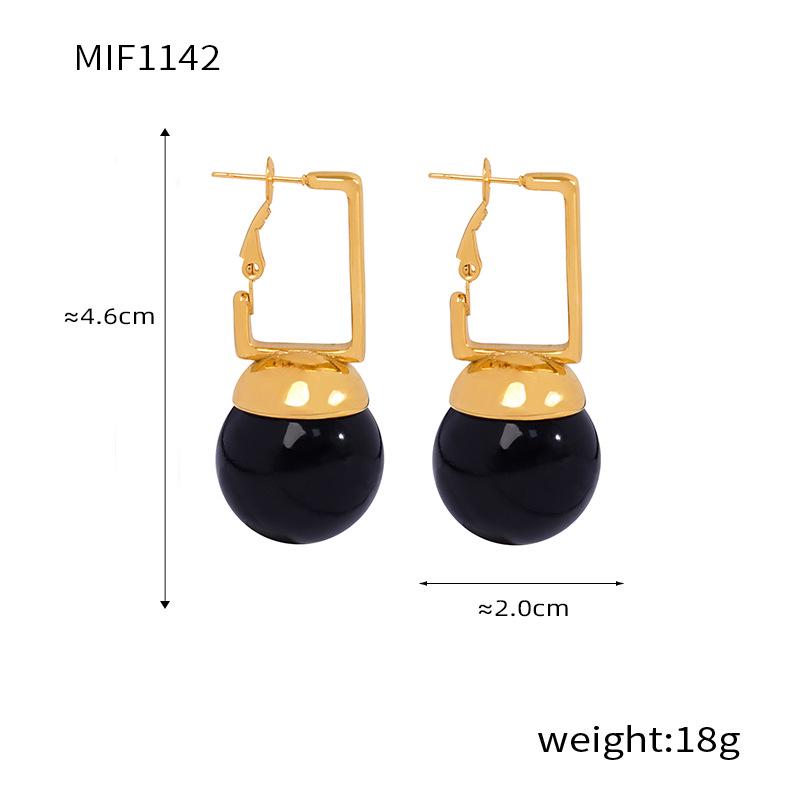 Retro Japanese-Korean Square Buckle Earrings with Colorful Beads, 18k Gold-Plated Titanium Steel