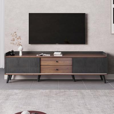 TV-Schrank mit zwei Schubladen, TV-Board, niedriges Panel mit zwei Schiebetüren, schwarz und Naturholzfarbe, H58/B160/T40 cm