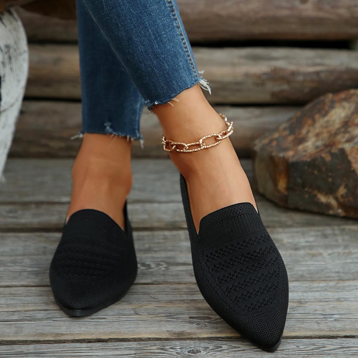 

2025 Новые весенне-осенние однотонные туфли с острым носком и сетчатой подошвой для женщин на плоской подошве, повседневные туфли-лодочки без застежек 36 чёрный