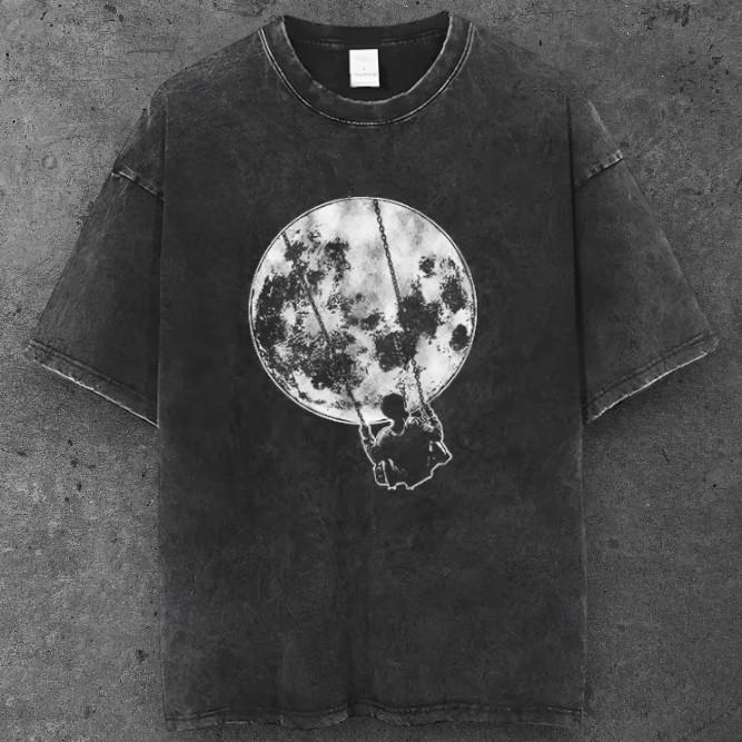 Unisex Full Moon Swing Oversized T Shirt Washed Black Grunge Aesthetic S-2XL