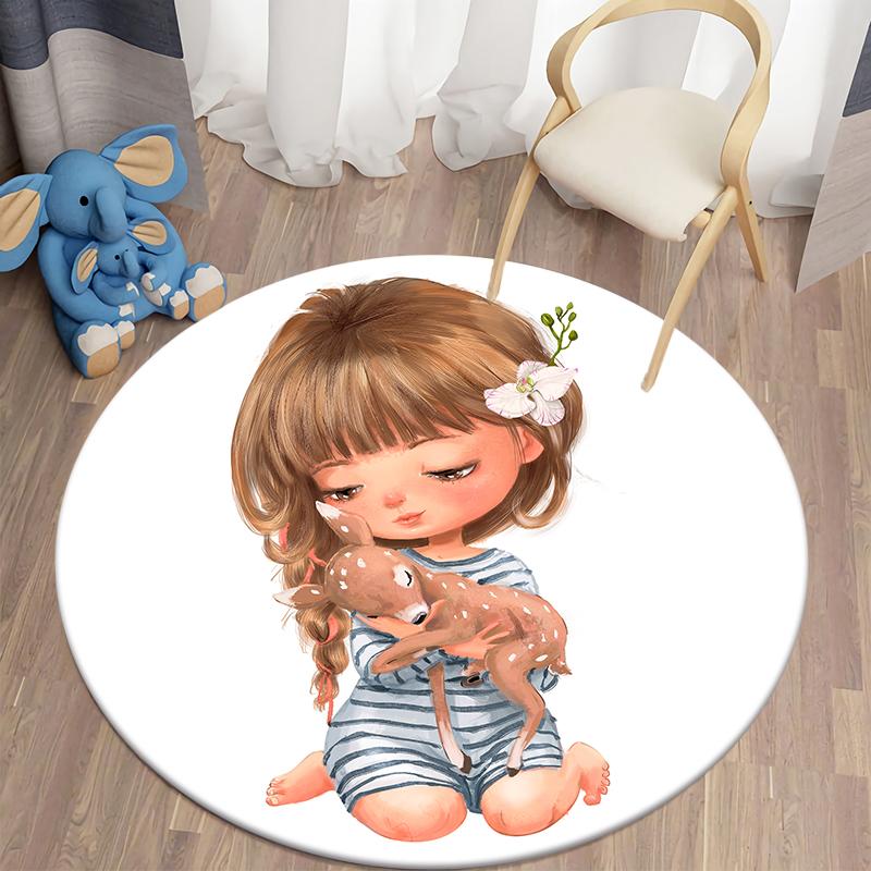 Floor Mat Animal Little Girl Cute Round Rug Mat Living Room Rug Children's Room Decoration Door Mat Pet Mat