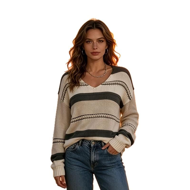 Womens V-Neck Knit Sweater Soft Loose Fit Long Sleeve Top Daily Commute
