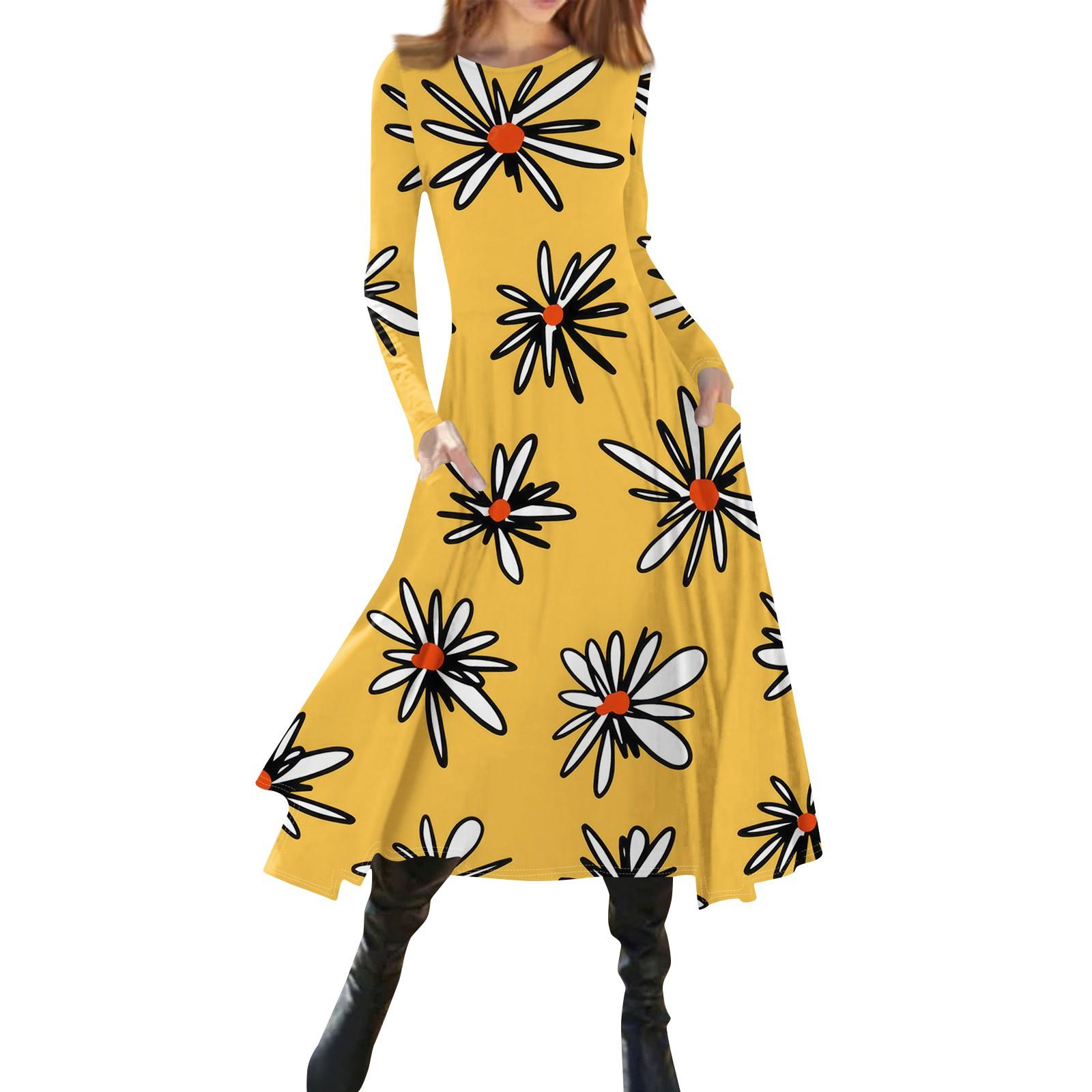 

Women s Fashion Floral Print Round Neck Long Sleeve Slim Fit Midi Dress XL жовтий