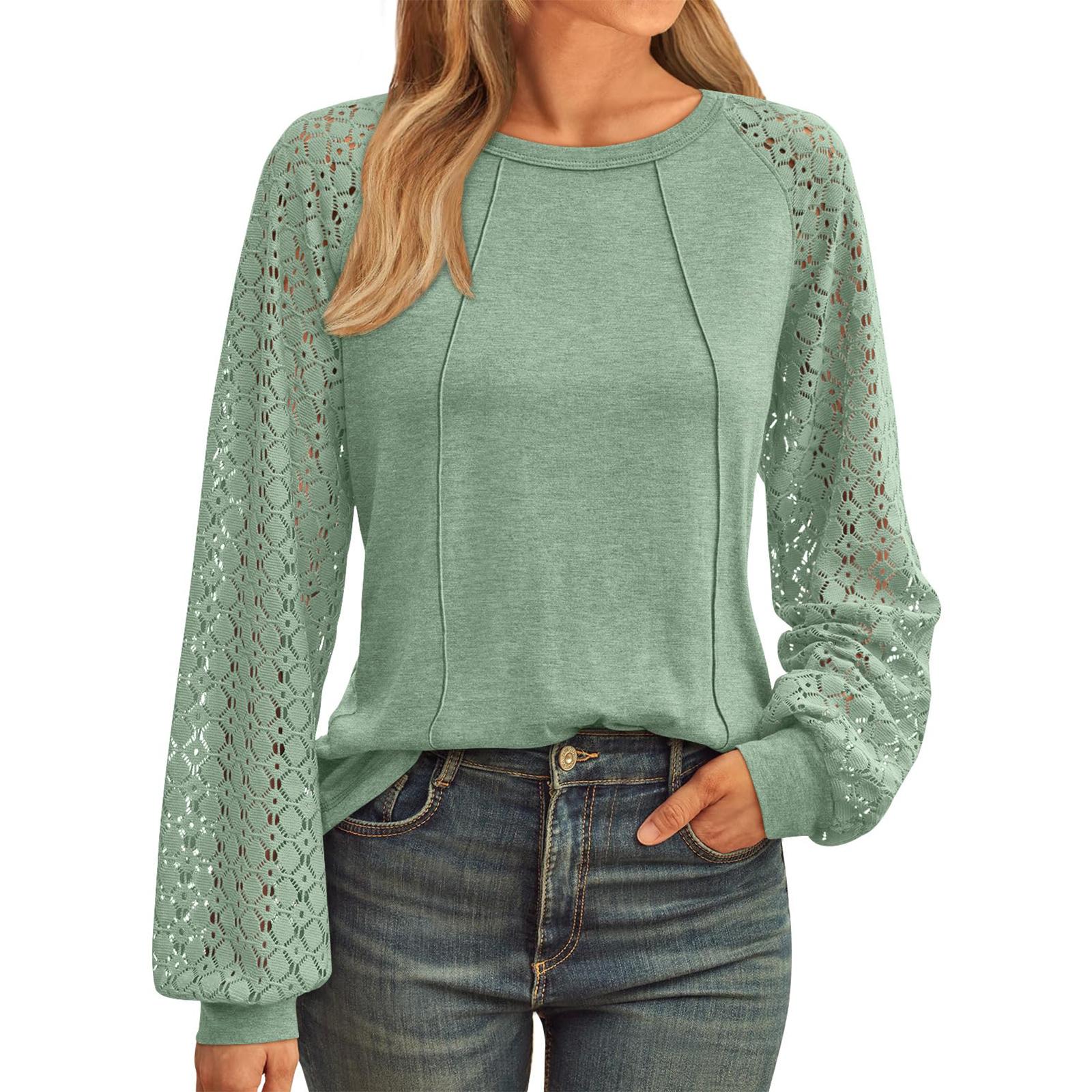 

Женская однотонная футболка с кружевной вставкой, круглым вырезом и длинными рукавами, свободный топ XXL