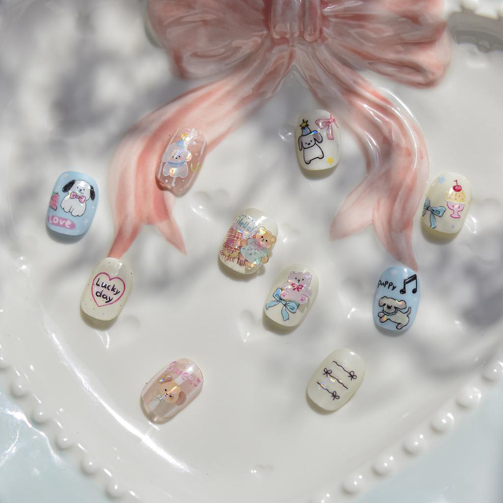 Shell shine nail stickers, hot cartoon bear, puppy, and kitten designs, cute high-look doodle stickers, mixed nail art pack