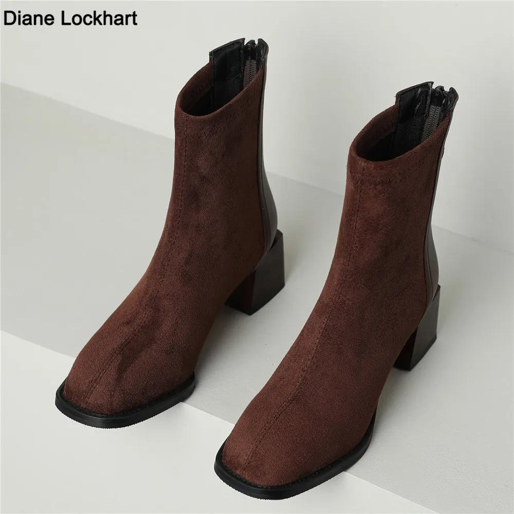 Fashion Women Thick Heels Ankle Boots Short Boot Fashion Shoes Women Ins Spring Autumn Zip Daily Office Lady Footwear Size 32-43 Brown