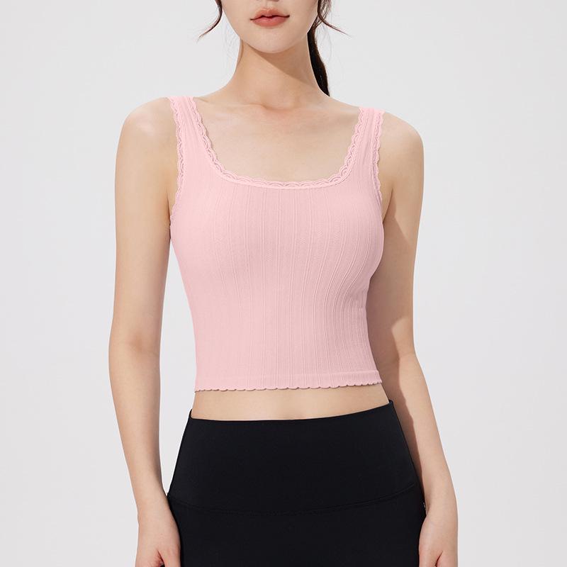 Women's White Lace Camisole with Chest Pads - Slim Fit Yoga Tank with Built-in Bra