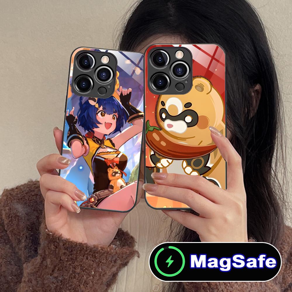 Game GI Xiangling Glass MagSafe Mobile Phone Case for iPhone 17 16 15 14 13 12 11 Air Pro Max Plus Mini Colorful Cover