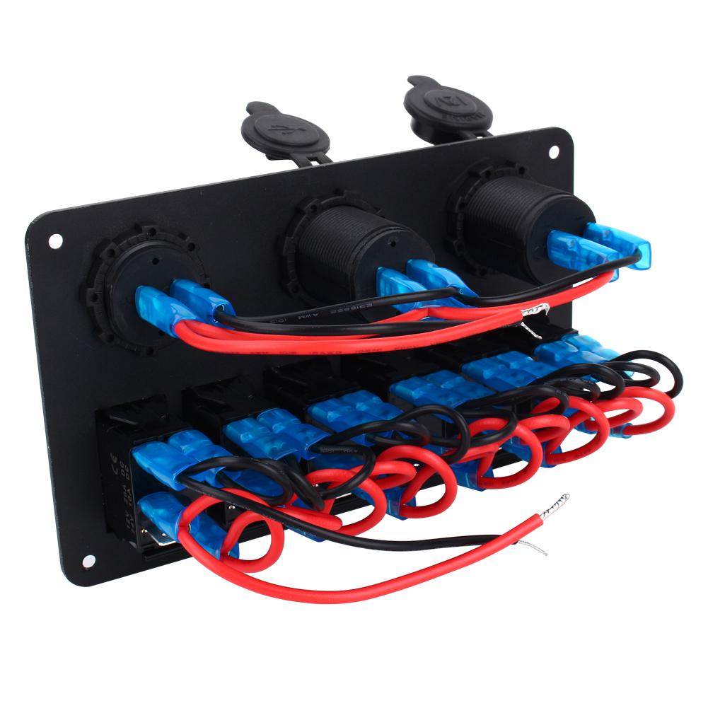 6 Way LED Car Boat Rocker Switch Panel   USB Socket   Cigarette Plug   Voltmeter