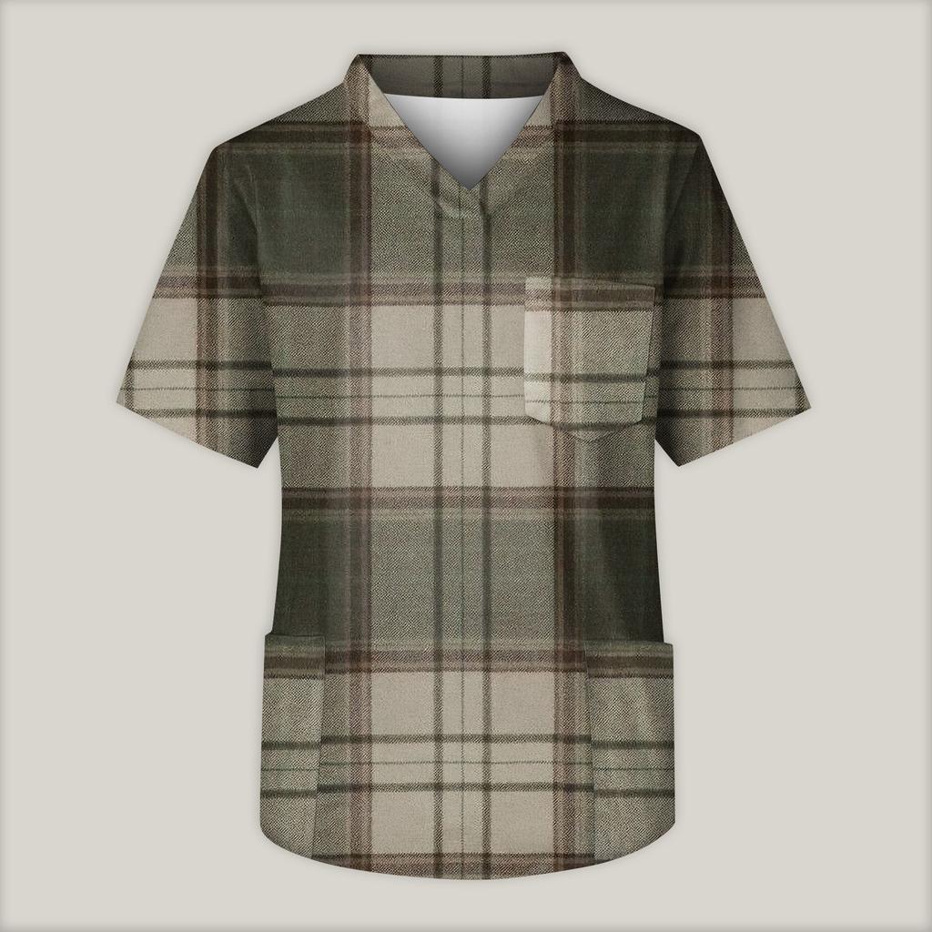 Men's Printing Short Sleeve V-neck Working Blouse Chest Pocket Carer Top