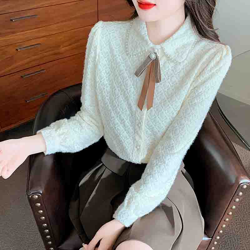 Noua 2024, la modă, iarnă, cu mânecă lungă, cu fundă, cu margele, guler răsturnat, bluză din dantelă, cămașă pentru femei, bluze, cămăși J802