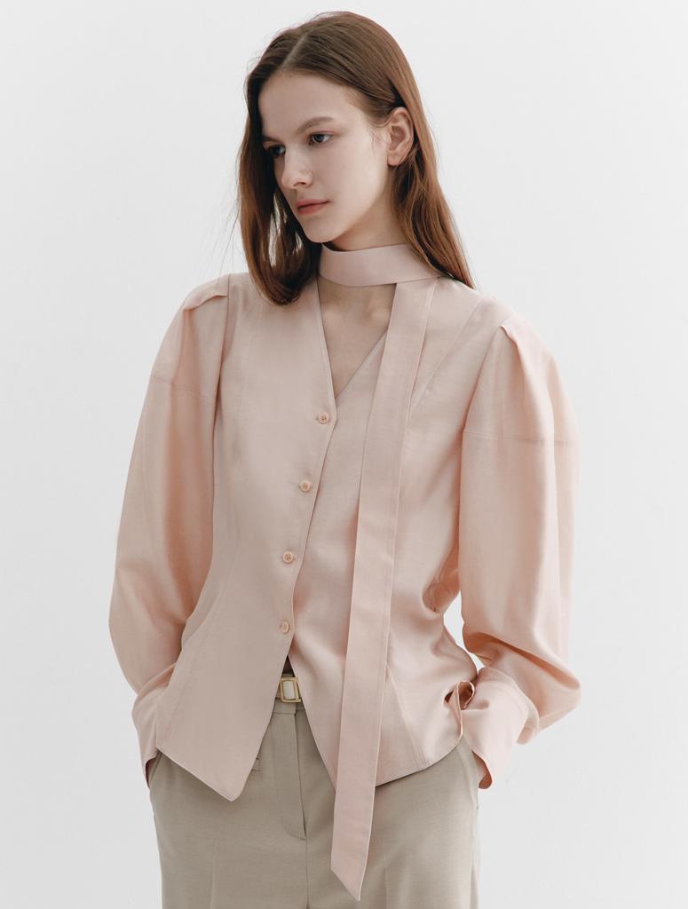 GRAYDATION Tie-Decorated Puffed Sleeve Blouse Rose Pink