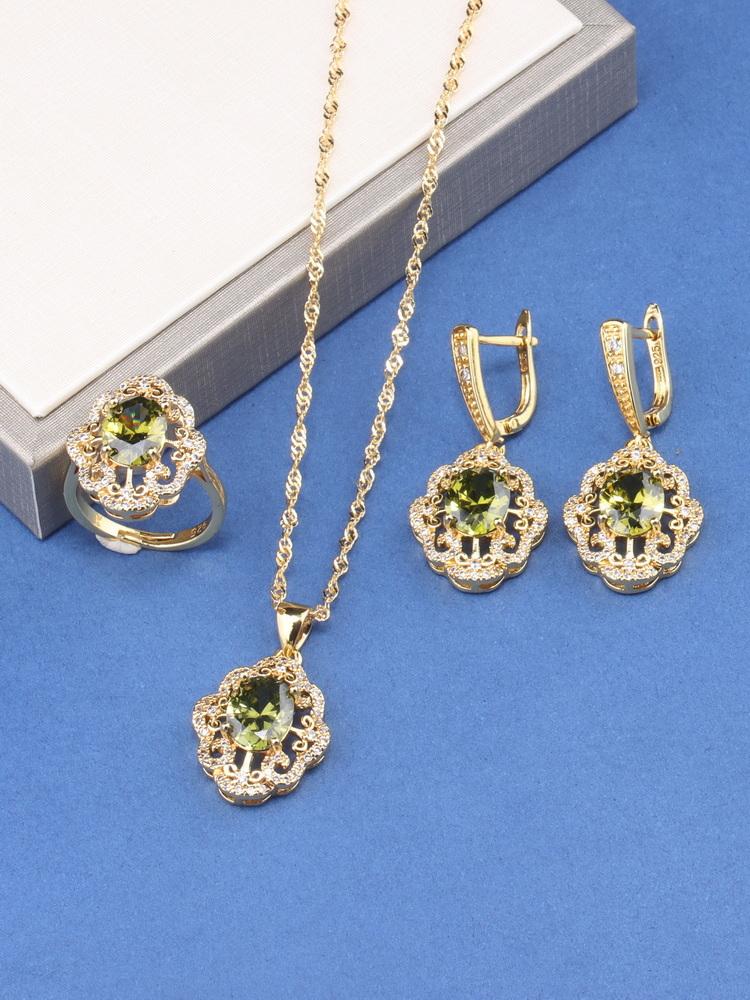 12-Colors Colorful Zircon Jewelry Accessories Gold Plated Bridal Wedding Sets Necklace And Earrings Ring For Women Gift