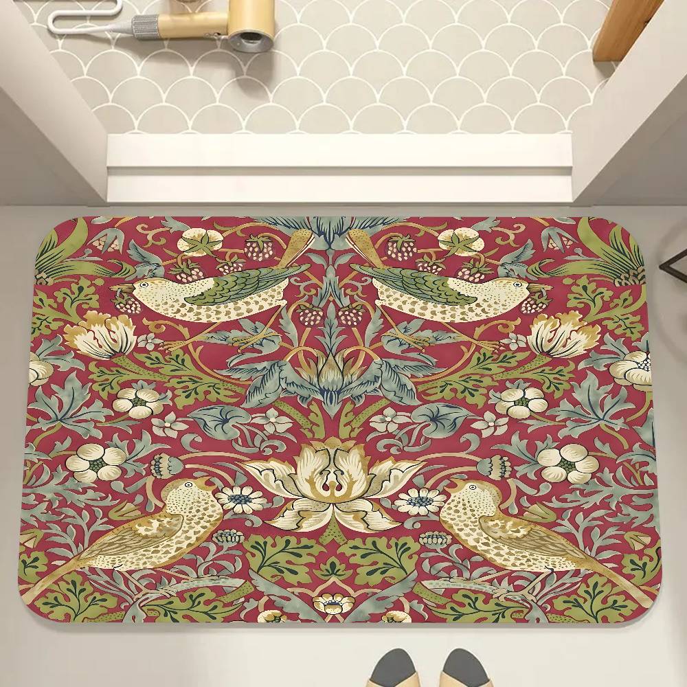 W-William Morris Strawberry Thief Floor Mat Suitable For Living Room Kitchen Bathroom Non-slip Mat Household Foot Mat