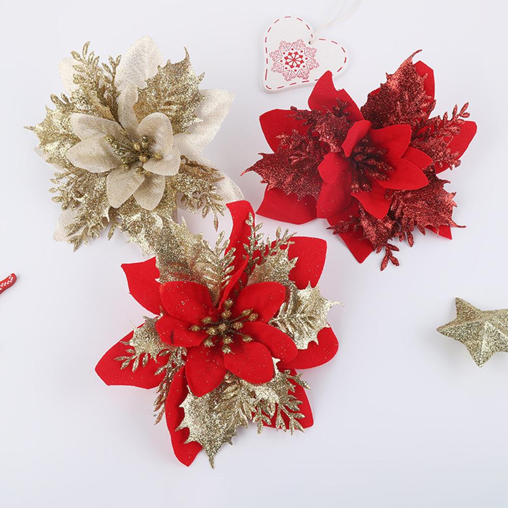10/20Pcs Artificial Poinsettia Flowers 15cm Glitter Powder Flower Heads for Christmas New Year Party Supplies