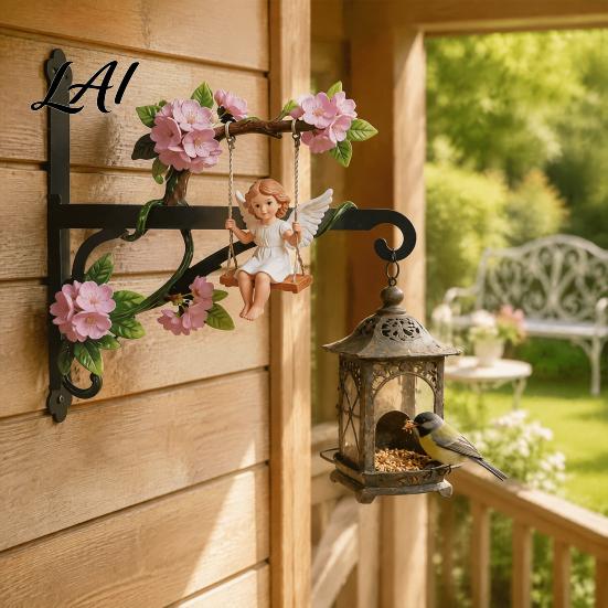Decorative Garden Wall Mount Swing Angel Plant Hanger Cute Girl Bracket Small Space Hanger Metal Hook for Hanging Flower Basket Bird Feeder
