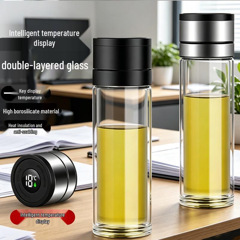 Men's Business Tea Infuser: Portable Double-Layer Glass Cup with Smart Temperature Display, Heat Insulation, and Anti-Scald Design.