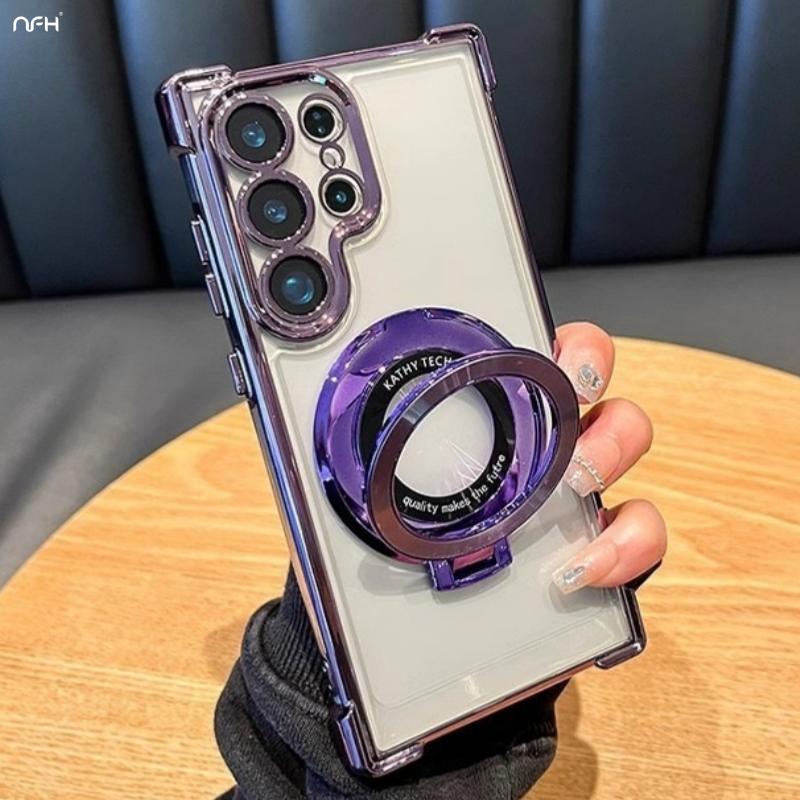 For Samsung S25 S24 S23 Ultra Luxury Holder Stand Plating Frame Transparent Phone Case For Samsung Galaxy S22 Plus A16 A53 Cover
