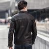 Mens Faux Leather Biker Jacket With Stand Collar Fleece Lined Washed Vintage Style Slim Fit Winter Casual Wear