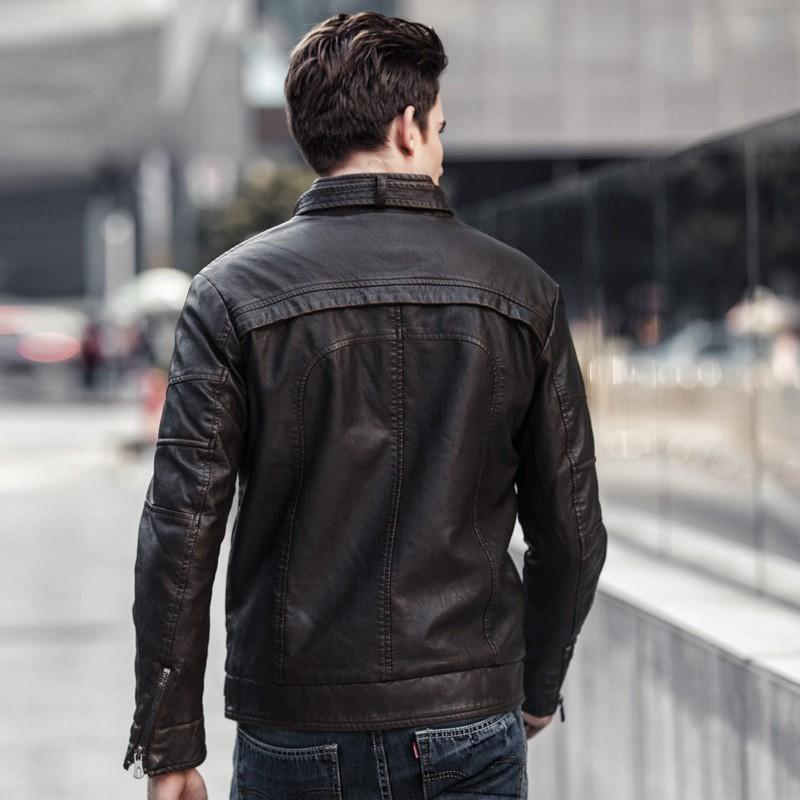 Mens Faux Leather Biker Jacket With Stand Collar Fleece Lined Washed Vintage Style Slim Fit Winter Casual Wear