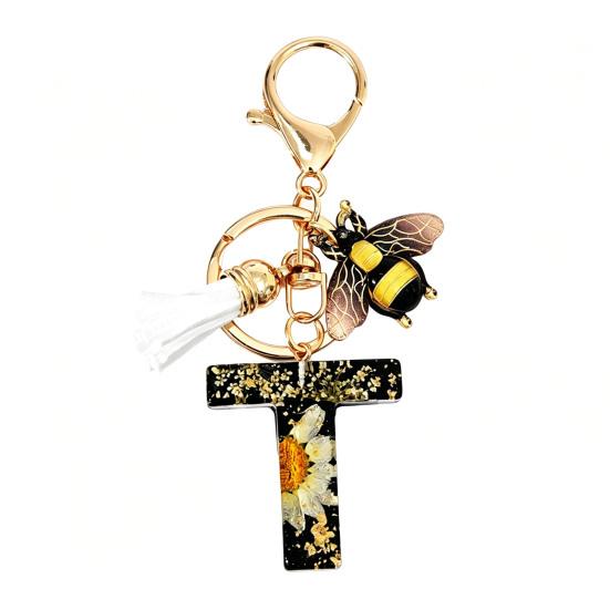 Dried Flower Letter Charm Bee Keychain Pendant Resin Black 1 Pc