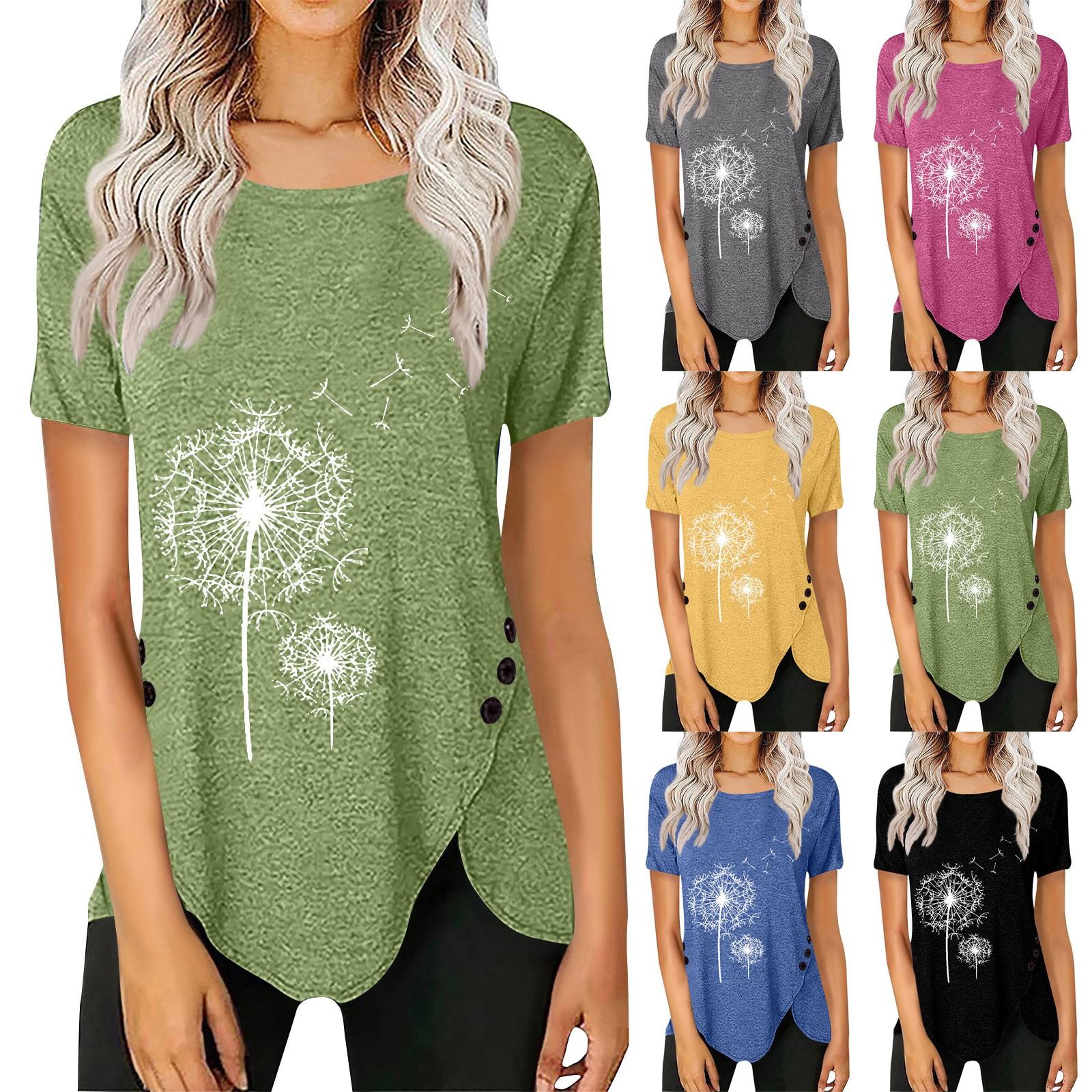

Women s T-shirt Printed Irregular Top Button Short Sleeves