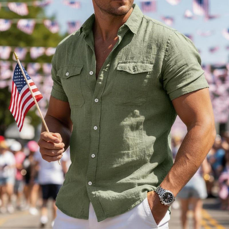 Men Linen Blend Short Sleeve Button Down Shirt With Two Chest Pockets Casual Summer Blouse