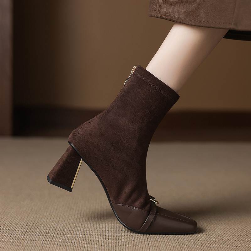 Krazing Pot Flock Cow Skin Square Toe Thick Heels Chelsea Boots Size 42 Beauty Lady Women Metal Buckle Ankle Boots