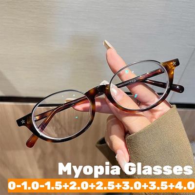 Retro Tortoiseshell Myopia Glasses for Women Korean Style Ellipse Shortsighted Eyeglasses Anti Blue Light Eyewear Diopte-2.0
