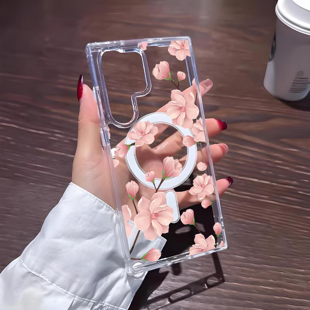 Gentle wind powder magnolia magnetic suction transparent Samsung S26 mobile phone case S25Plus anti-drop protective case