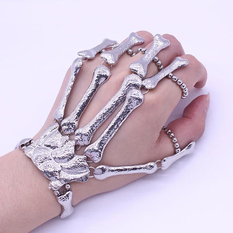 Gothic Punk Skull Ghost Skeleton Finger Bracelet Hand Chain Bangles for Halloween Femme Party Accessories
