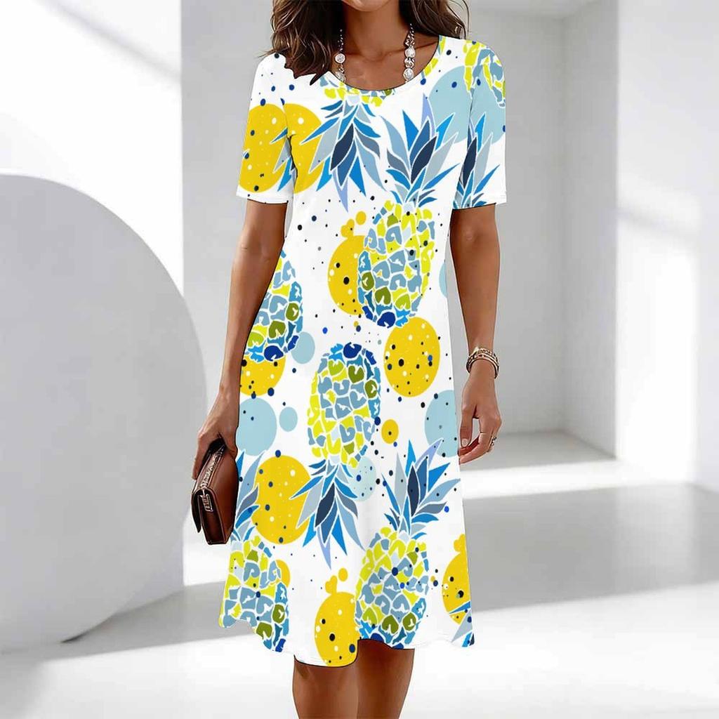 Women's Fashion Graceful Beautiful Broken Flowers and Fruits Print Summer Spring Short Sleeve O-Neck Casual Dresses