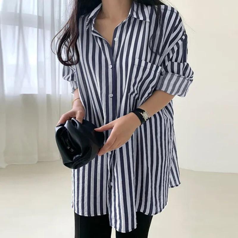 Frauen Drehen Unten Kragen Langarm Bluse Tops Frühling Sommer Lose Beiläufige Streifen Shirts